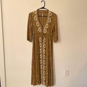 Free People Embroidered Fable Midi Dress XS Tan